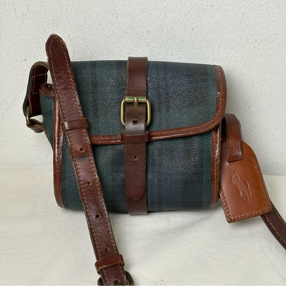 POLO RALPH LAUREN Vintage 90s Tartan Blackwatch Canvas Leather Crossbody Bag - Picture 2 of 14